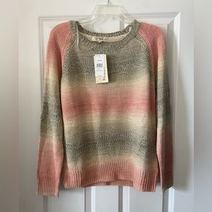 Rewind juniors sweater. NWT. Pink/coral with green and cream. Size large